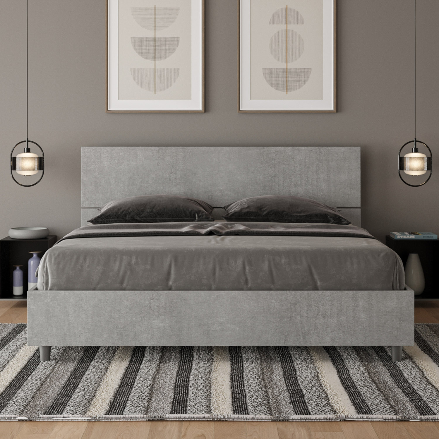 Lit coffre 160x190 tête de lit droite gris béton Demas