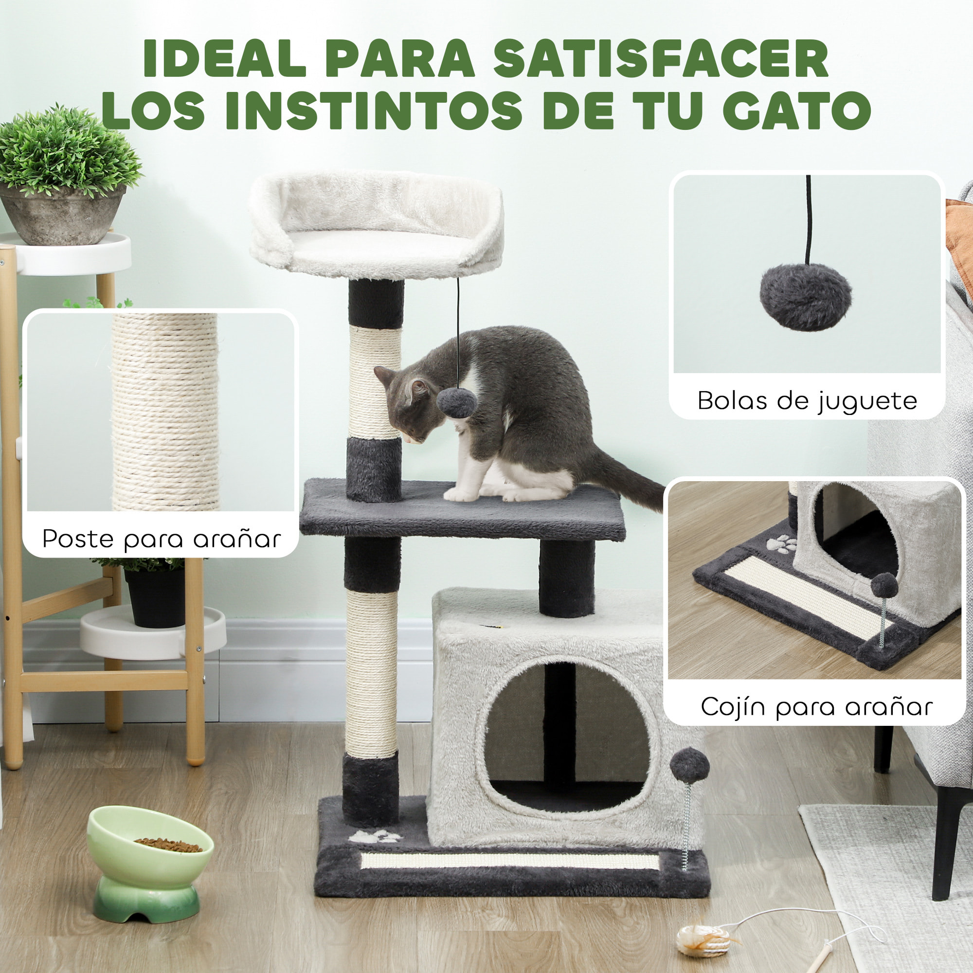 Árbol Rascador para Gatos, Árbol para Gatos 85 cm, Torre Escalador con Plataformas, Cueva, Postes Rascadores, Tapete de Sisal, Bolas, Gris Claro y Negro