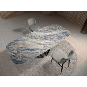 Mesa comedor Angel Cerdá ovalada barril con tapa fija de mármol porcelánico azul con vetas en tonalidades grises y marrones en acabado brillo 238x110x76cm