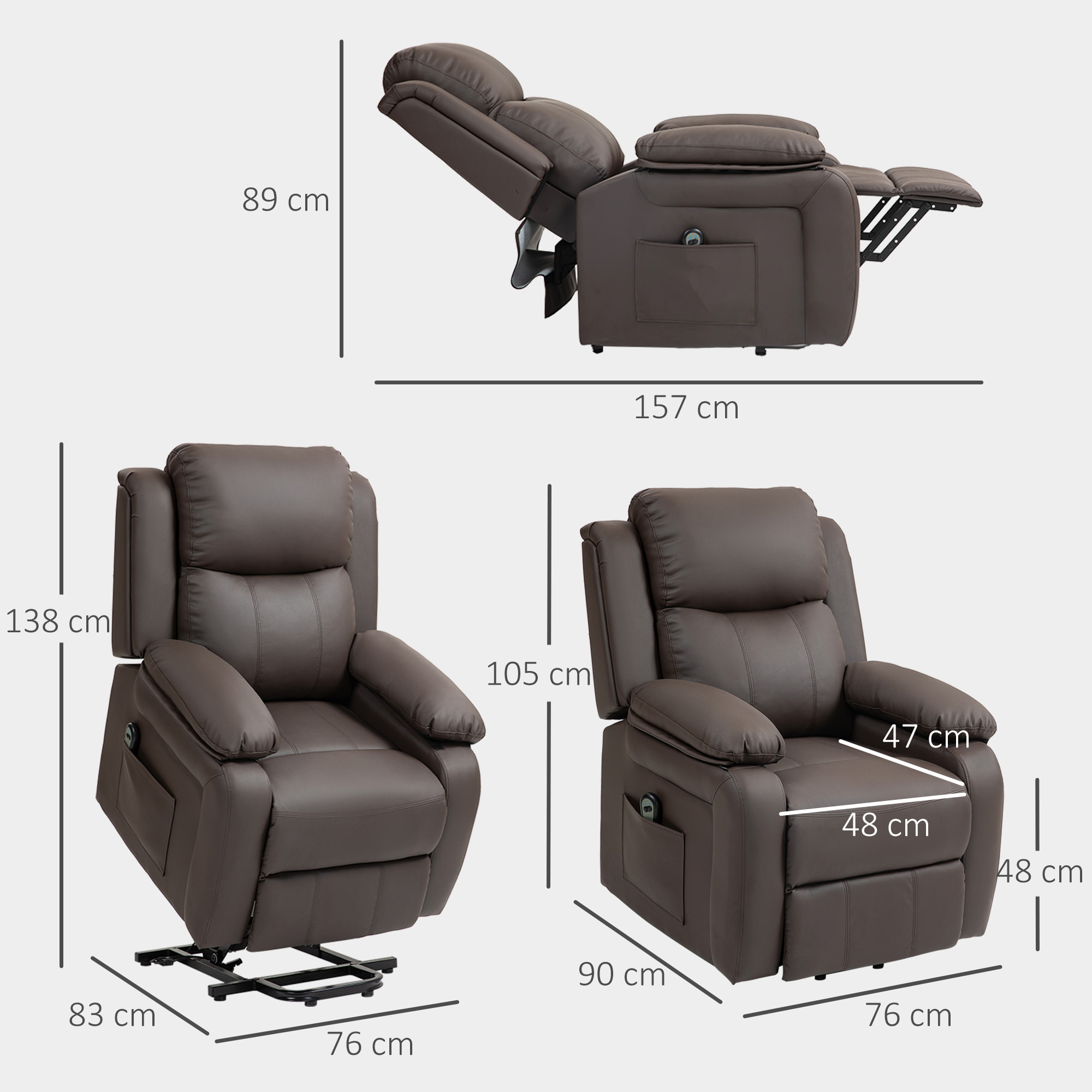 Sillón Relax Reclinable Eléctrico Levanta Personas, Sillón Elevador, con Respaldo Alto, Control Remoto, Reposapiés, Acolchado Grueso, Tapizado en PU, Bolsillos Laterales, Marrón Oscuro