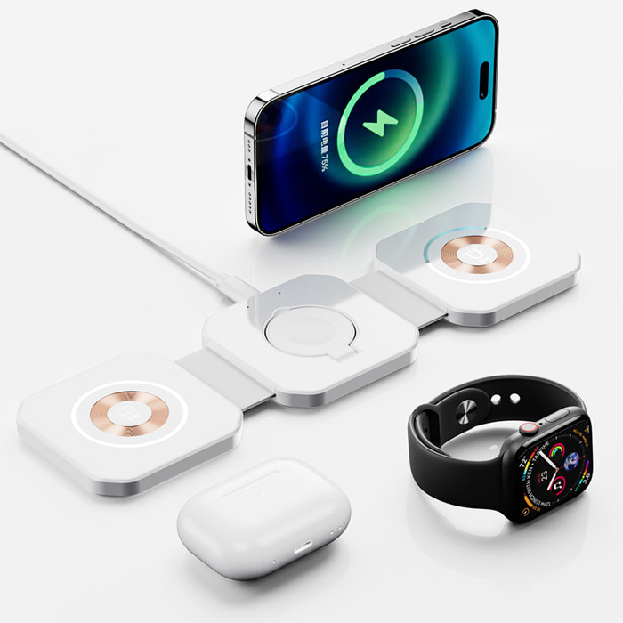 DAM Cargador inalámbrico 3 en 1 J-M20, Magsafe. Para smarphone 15W, Qi auriculares de 5W y Apple Watch. Plegable. 25,5x7,1x0,9 Cm. Color: Blanco