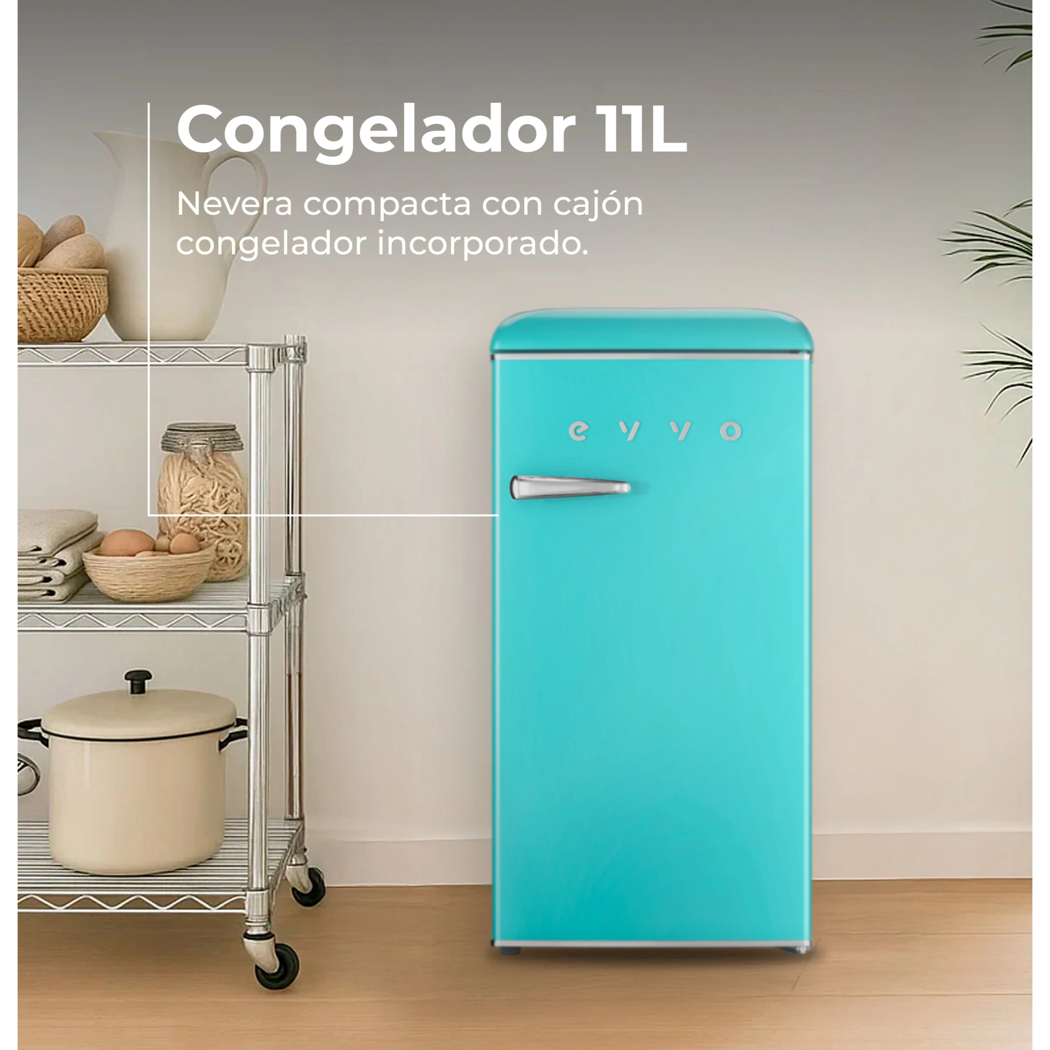 EVVO Frigorífico Mini F26 Retro Azul Pastel, 95 litros, diseño vintage, bajo consumo, silencioso