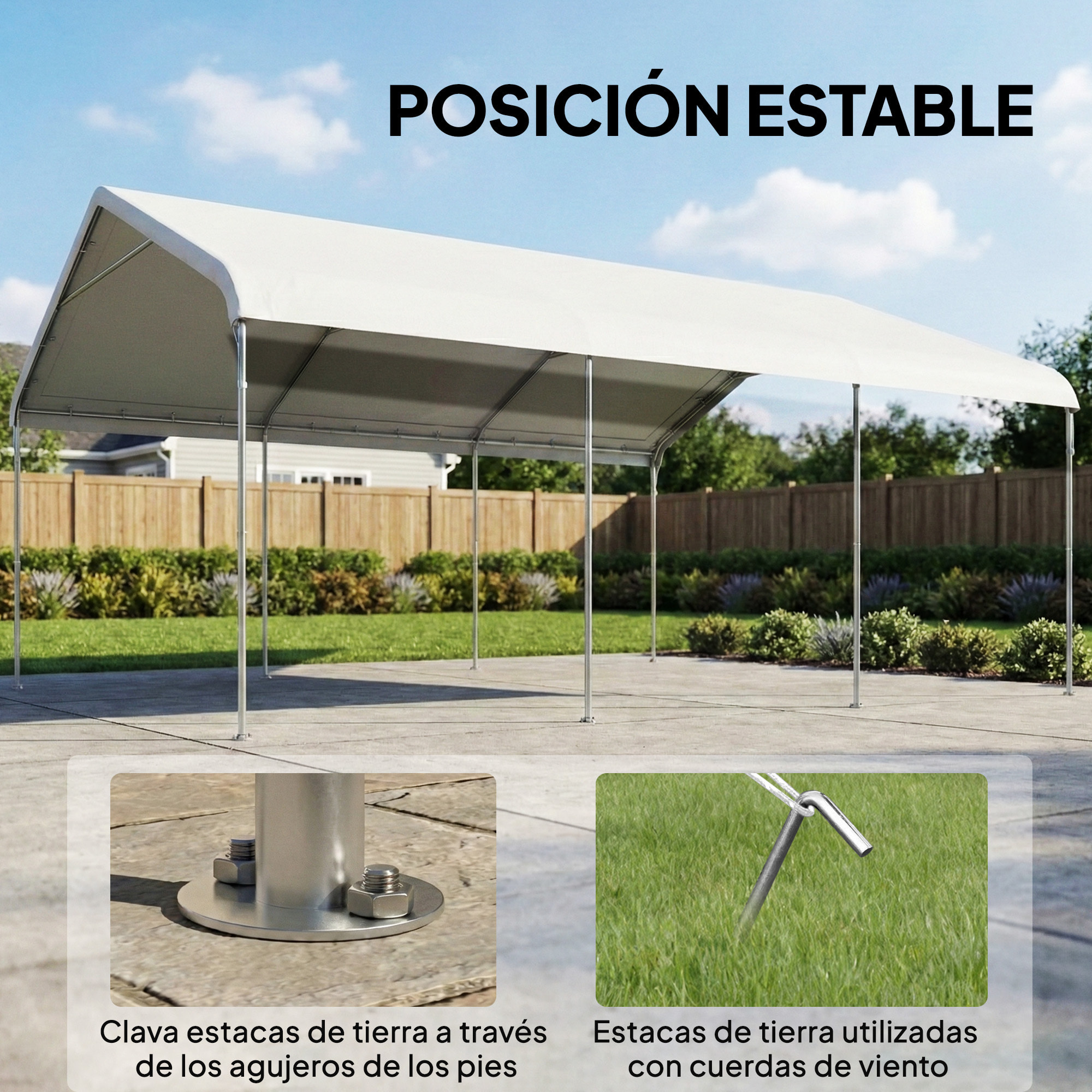 Carpa Garaje Portátil 5x6 m, Garaje Exterior para Coche Impermeable con Estructura de Acero Galvanizado, Toldo Resistente Anti-UV, Cobertizo para Herramientas de Jardín, Blanco Crema