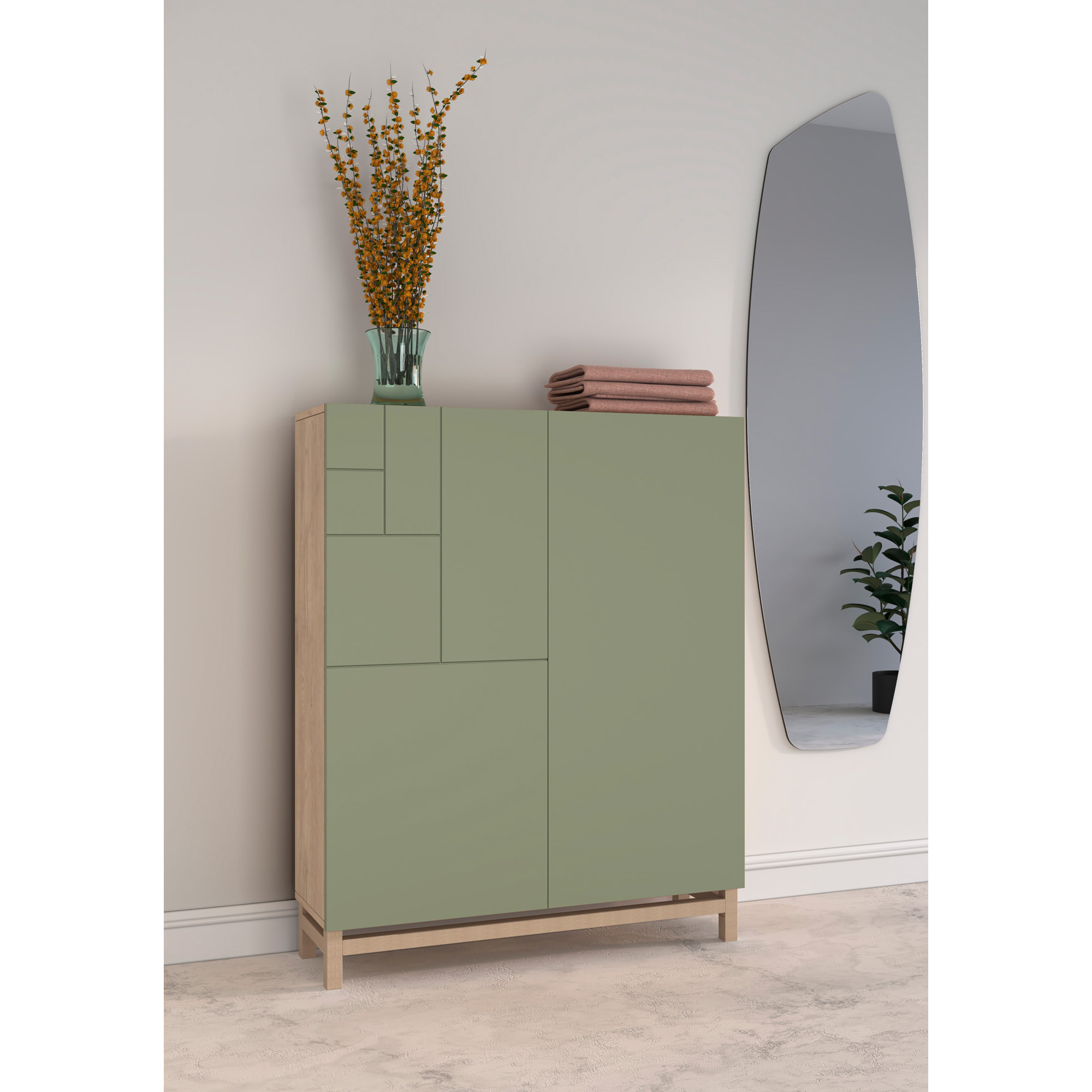 Zapatero melamina Volda roble claro puertas verde patas roble 112x90x27cm