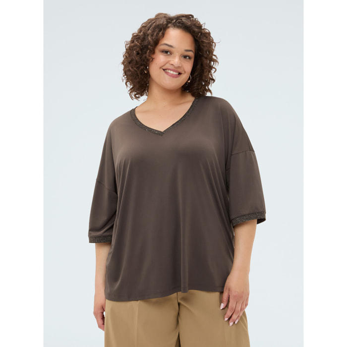 Fiorella Rubino - T-shirt in jersey con bordature lurex - Marrone