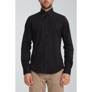 Camicia Uomo 2 Bottoni Button Down Slim Popeline Stretch Unito Nero
