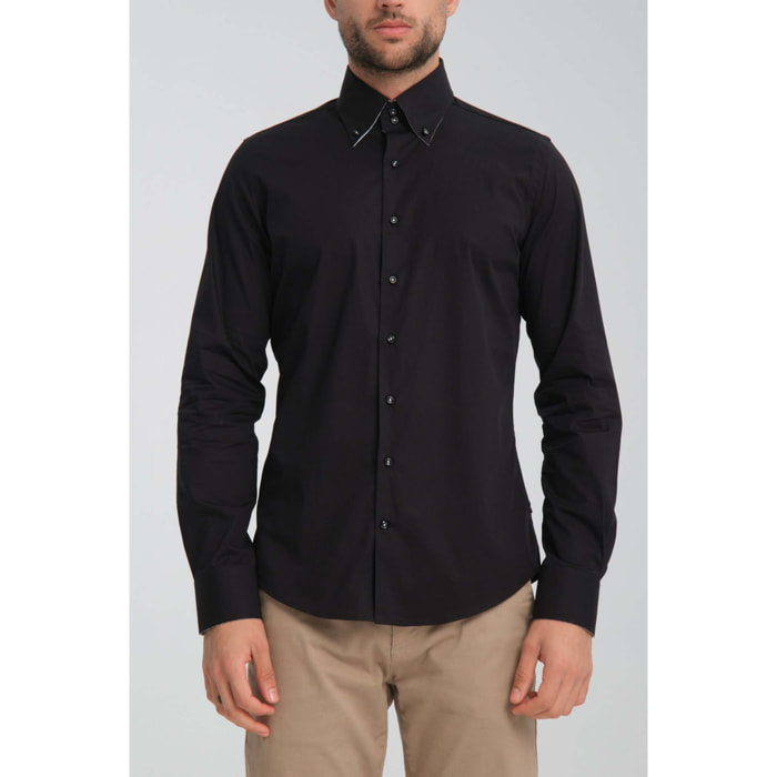 Camicia Uomo 2 Bottoni Button Down Slim Popeline Stretch Unito Nero