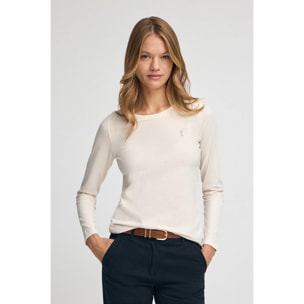 Maglietta ecrù a maniche lunghe a girocollo con logo Rigby Go Gold