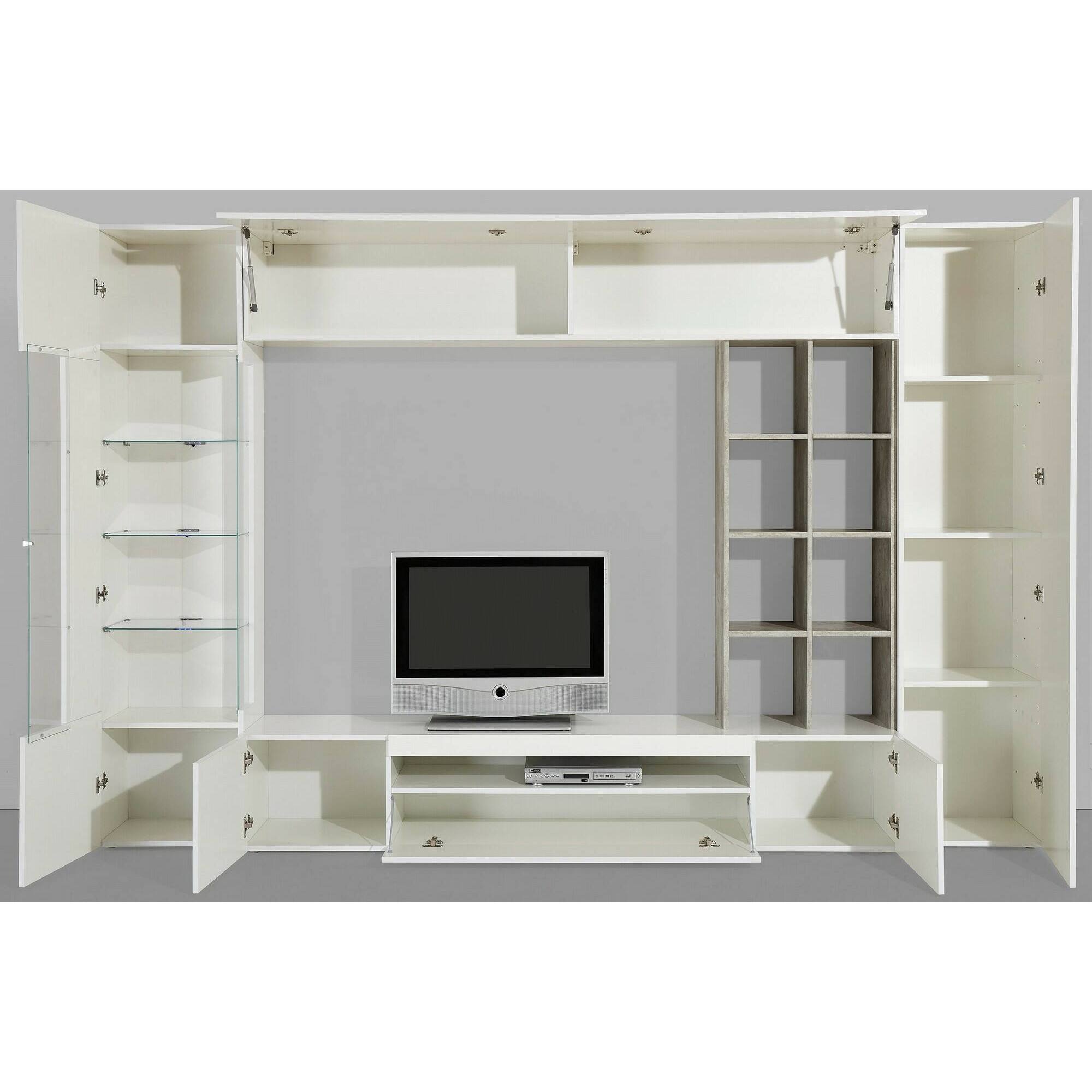 Parete attrezzata Azuro, Set salotto porta TV, Mobile soggiorno multiuso, 100% Made in Italy, cm 290x40h192, Bianco lucido e Cemento