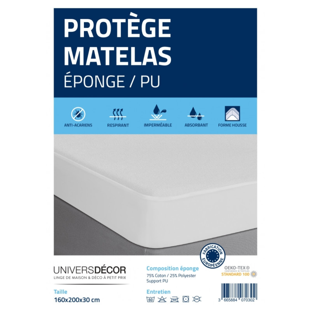 Lot de 2 protège matelas éponge imperméable anti-acariens 160 x 200 + 30 cm