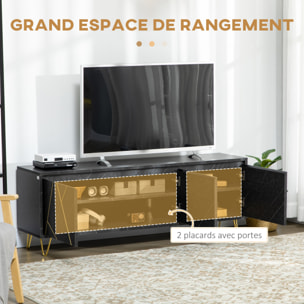 Meuble TV banc TV style art déco - 3 portes, 2 étagères - piètement épingle métal doré MDF aspect marbre noir rainures dorées