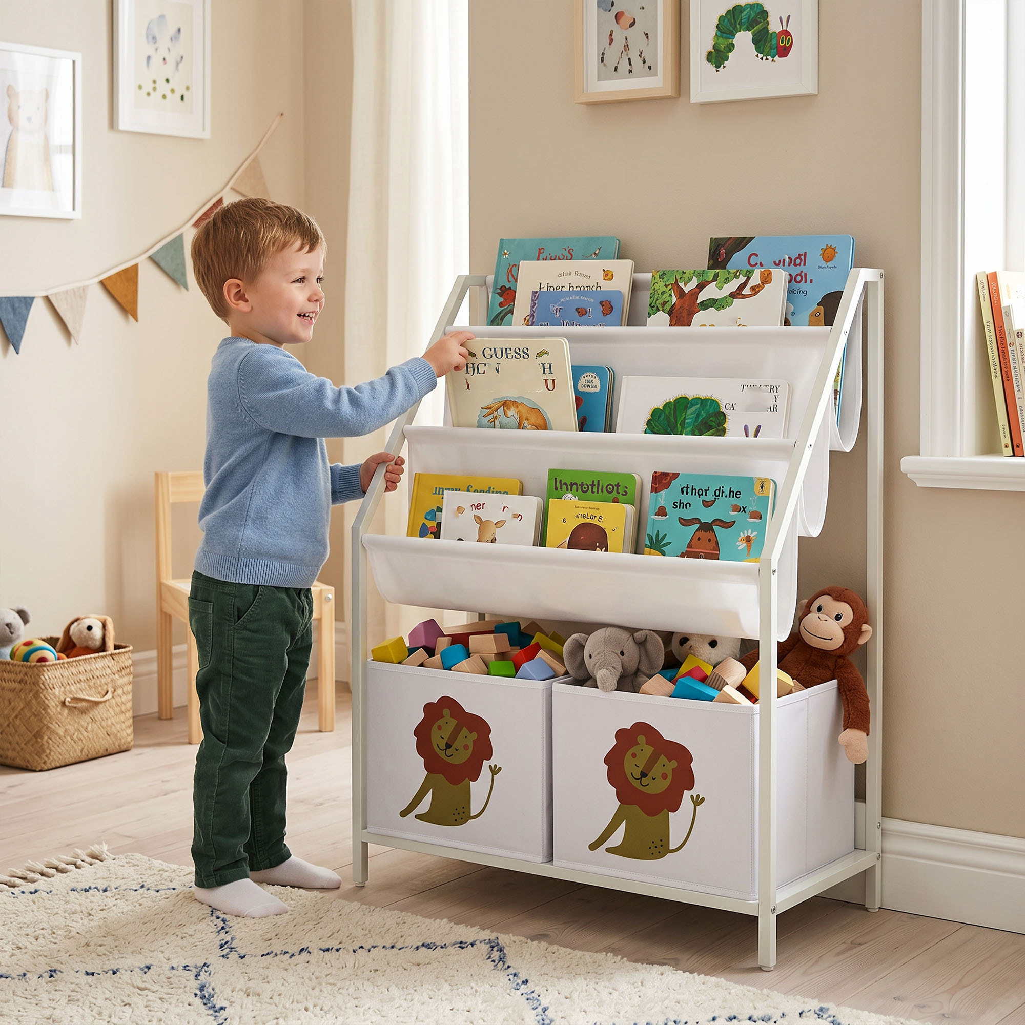 AIYAPLAY Librería Infantil de 4 Niveles Estantería para Libros Montessori con 3 Estantes 2 Cajones de Tela con Diseño de León para Sala de Juegos Dormitorio Guardería para Niños de Altura 76 cm Blanco
