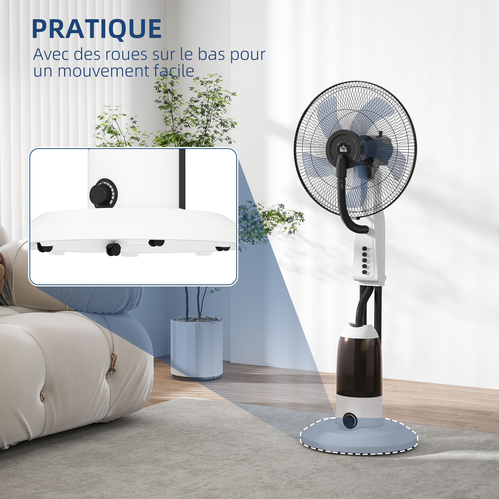 Ventilateur brumisateur sur roulettes - oscillant silencieux 90 W - 4 vitesses - dim. Ø 44 x 120H cm noir blanc