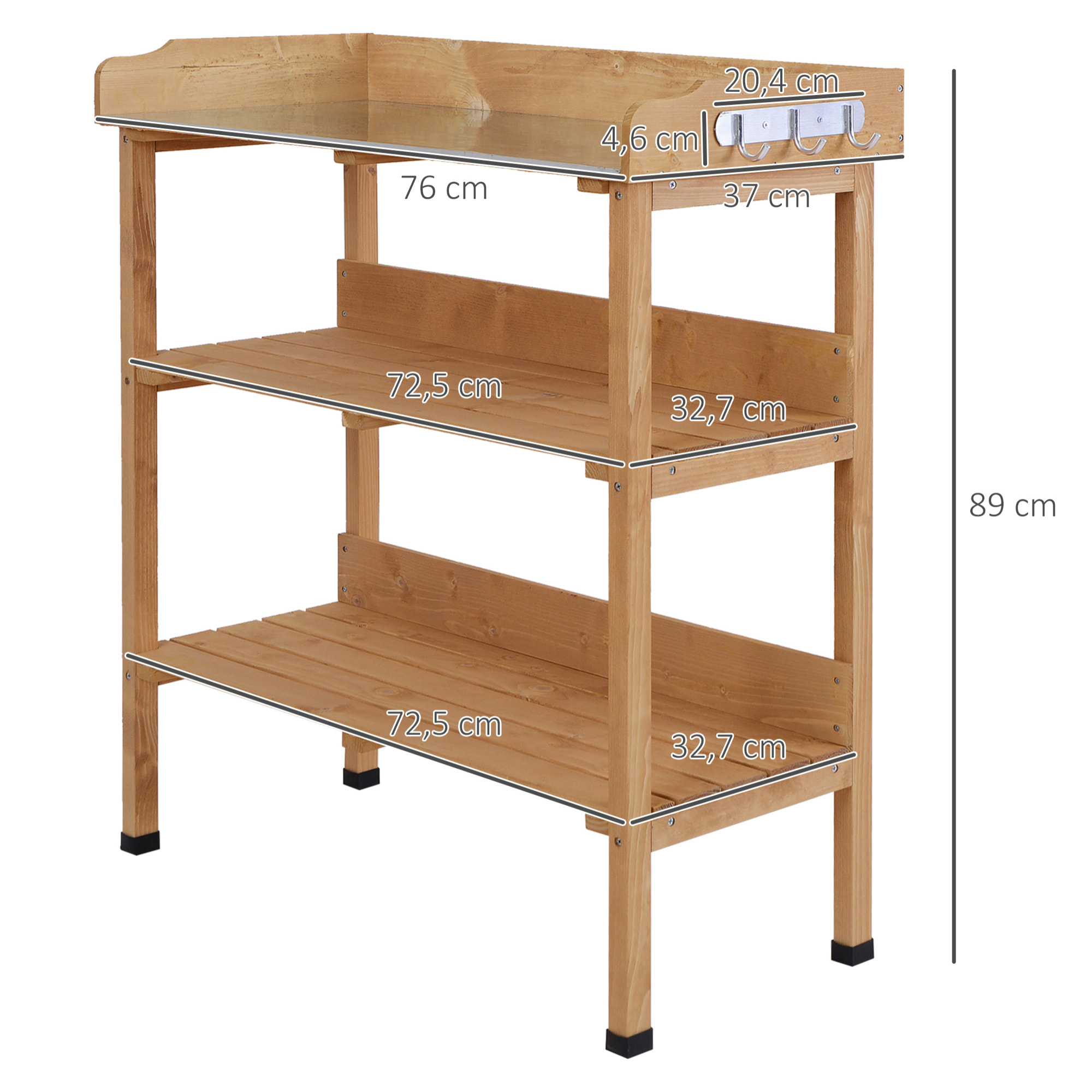 Mesa de Plantación de Madera de 3 Niveles Mesa de Jardinería con Placa Metálica 2 Estantes y Ganchos Resistente a la Intemperie para Jardín Terraza Balcón 76x37x89 cm Natural