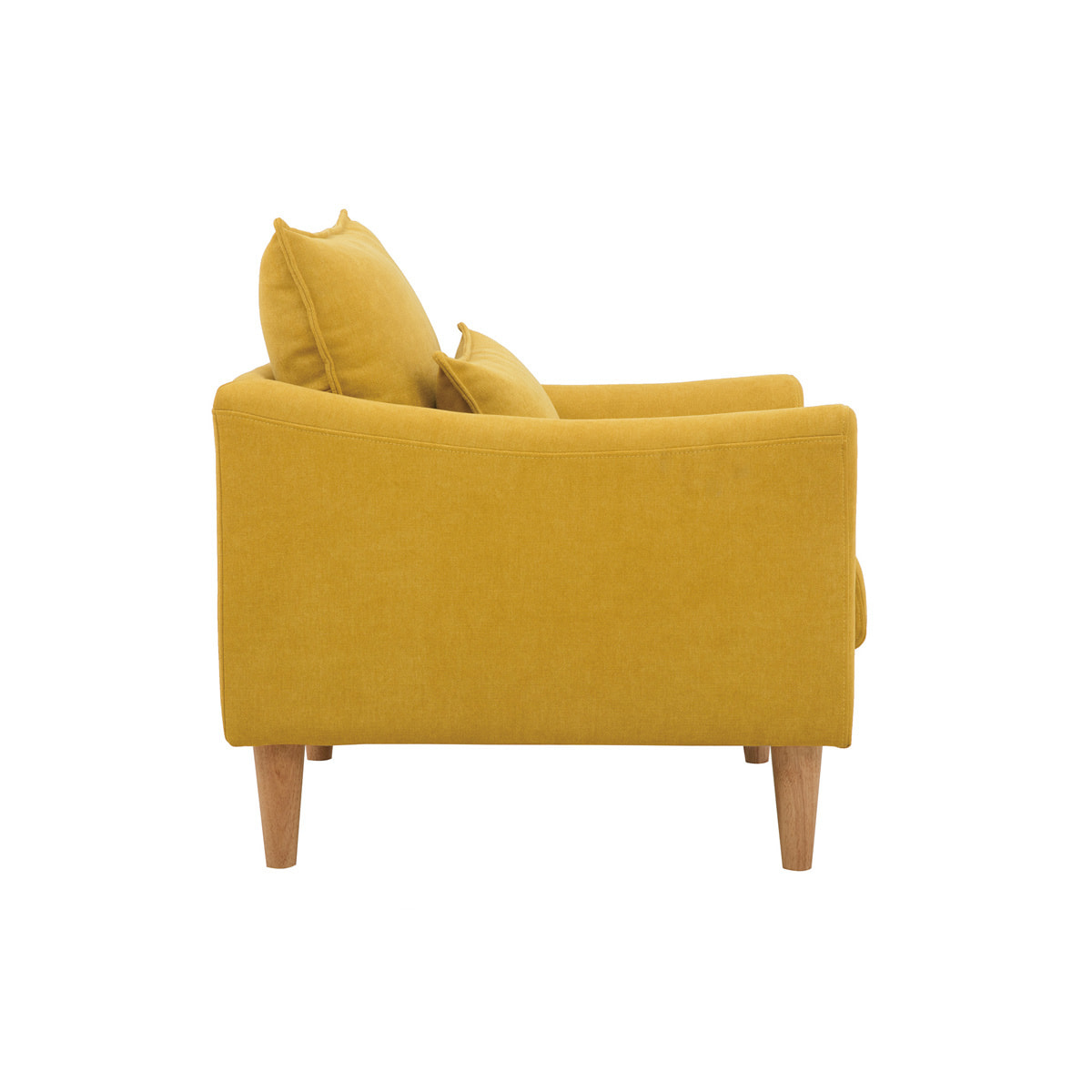 Fauteuil scandinave en tissu effet velours jaune moutarde et bois clair KATE