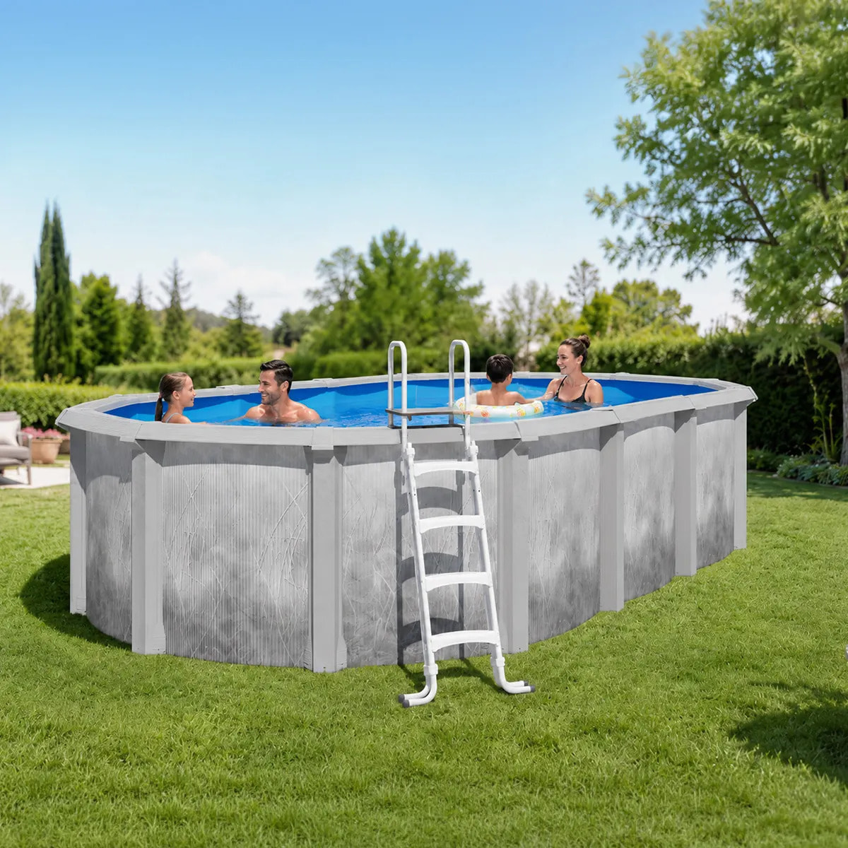Piscine hors sol acier et résine ovale 6,10 x 3,65 x 1,32 m gris dégradé LIBERTY