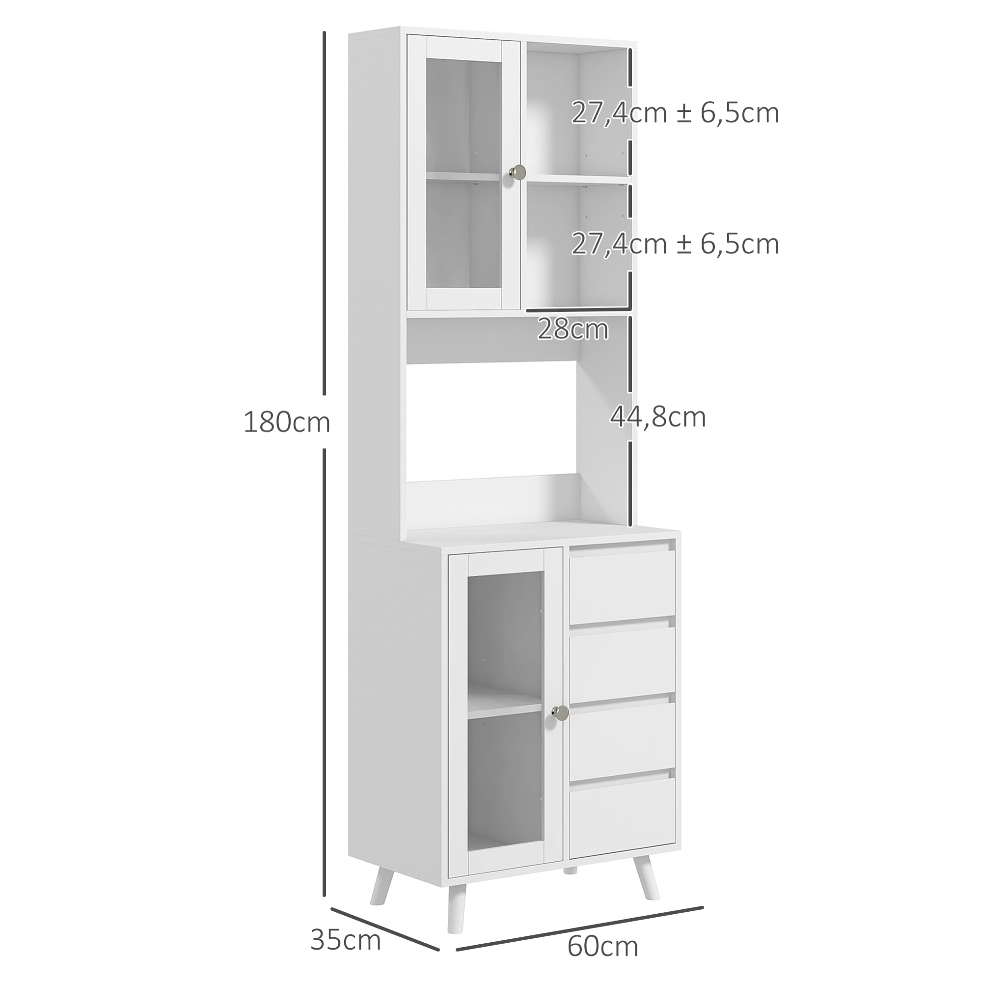 Alacena de Cocina Armario de Cocina Buffet Aparador con 2 Puertas de Vidrio Compartimentos Abiertos 4 Cajones y Estantes Ajustables 60x35x180 cm Blanco