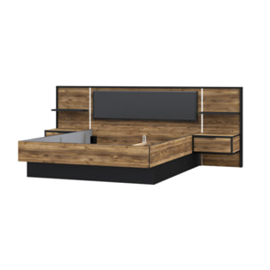 Lit 160x200 cm tête de lit et chevet décor épicéa et noir - YAL