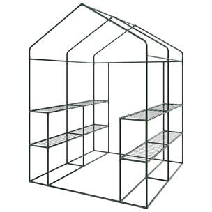 Serra Da Giardino Con 8 Scaffali Ripiani Per Piante Orto Telaio Acciaio Verniciato Telo PE Verde Porta Avvolgibile Apertura A Cerniera 143x138x190 Cm