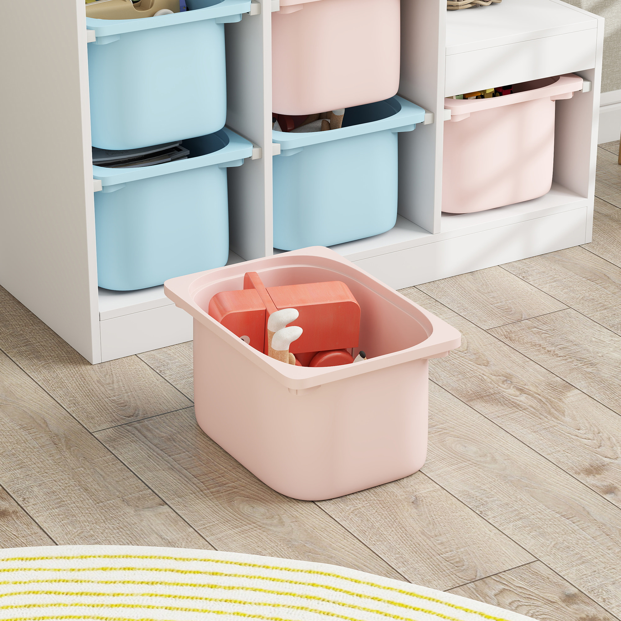 Rangement enfant - combinaison structure + bacs - coffre à jouet dim. 96L x 38l x 90H cm - blanc bleu rose pâle