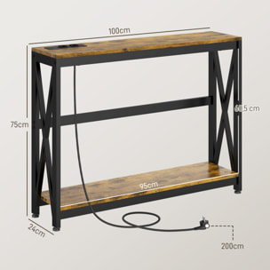 Mesa Consola Industrial Mesa de Entrada de 2 Niveles con Estación de Carga 2 USB y Marco de Acero Mueble de Recibidor para Salón Pasillo 100x24x75 cm Marrón Rústico