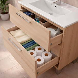 Mobile Bagno A Terra Con 3 Cassetti Lavabo In Ceramica E Specchio 77 x 50 Cm Inclusi Design Moderno Salvaspazio 80 x 45 x 86 Cm Colore Rovere Chiaro