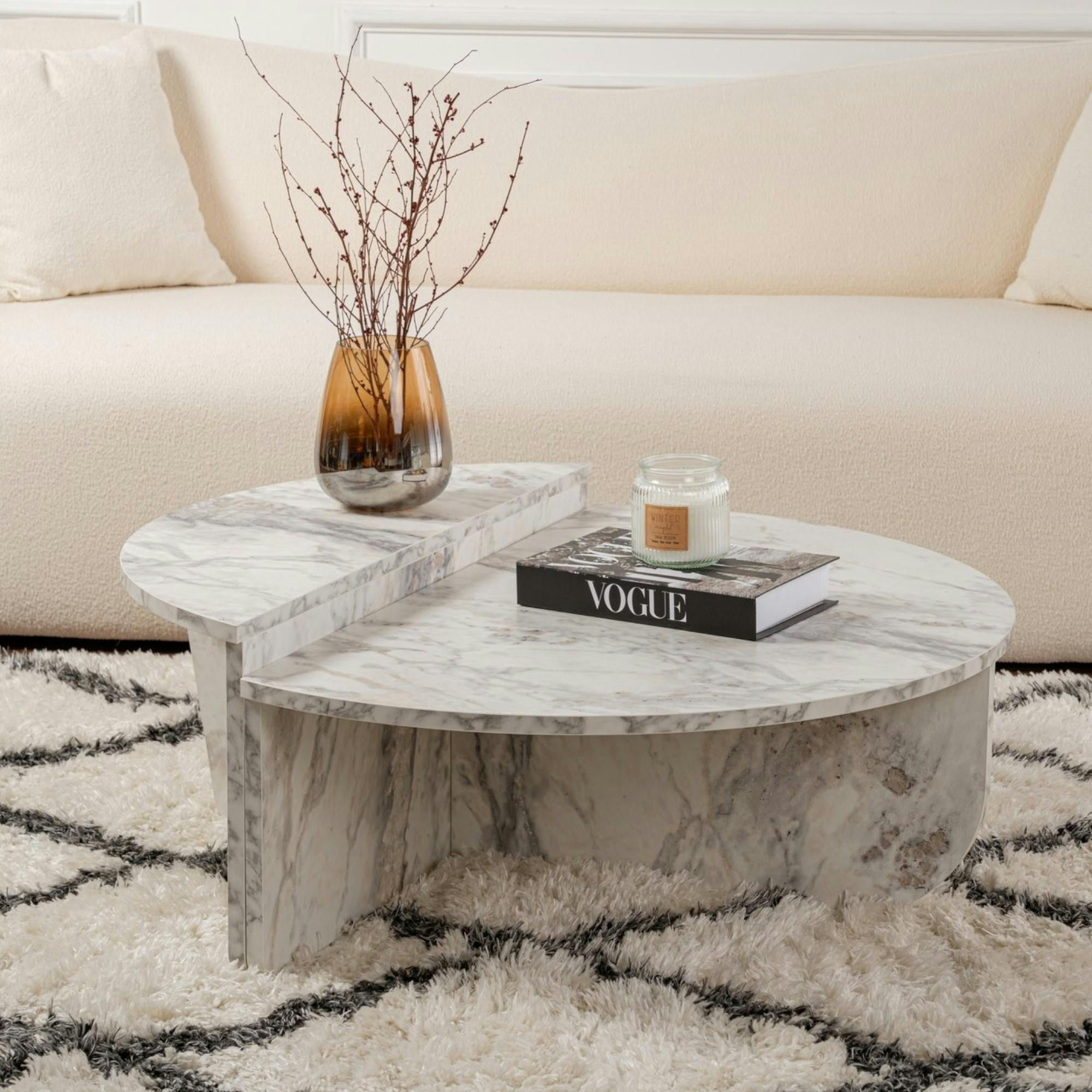 Table basse moderne effet marbre blanc - 2 hauteurs MARFA