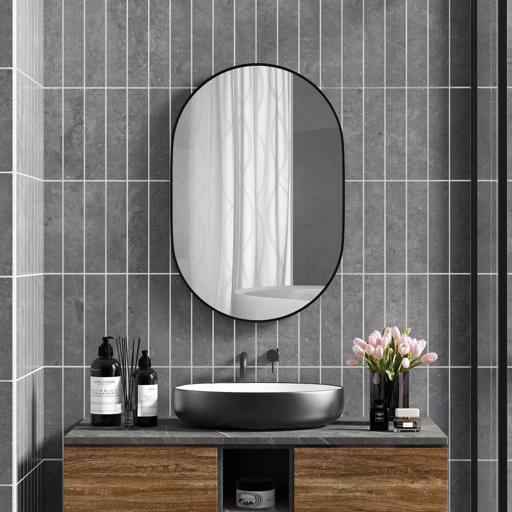 Miroir mural ovale dim. 60L x 90H cm cadre arrondi montage vertical/horizontal alu. noir