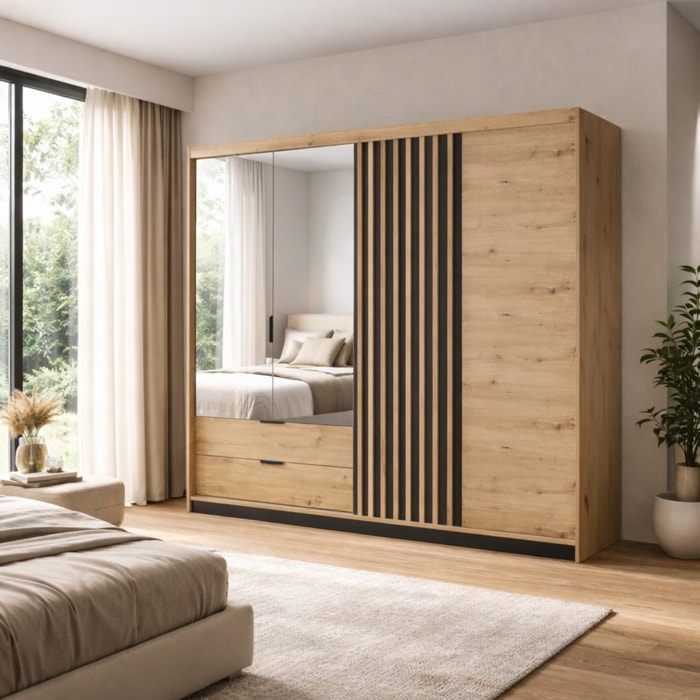 Armadio Guardaroba Moderno Con 2 Ante Battenti Specchio Anta Scorrevole 2 Cassetti Design Moderno 220 x 210 x 60 cm Rovere E Grigio Antracite
