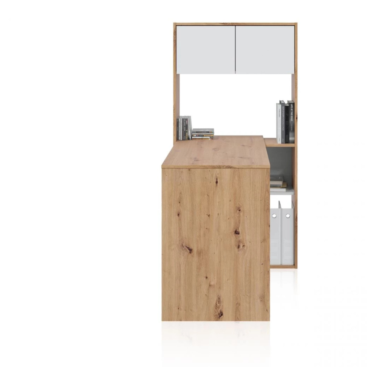 Mesa de escritorio con estantería Dess Blanco Artik (Blanco Mate) - Roble Nodi