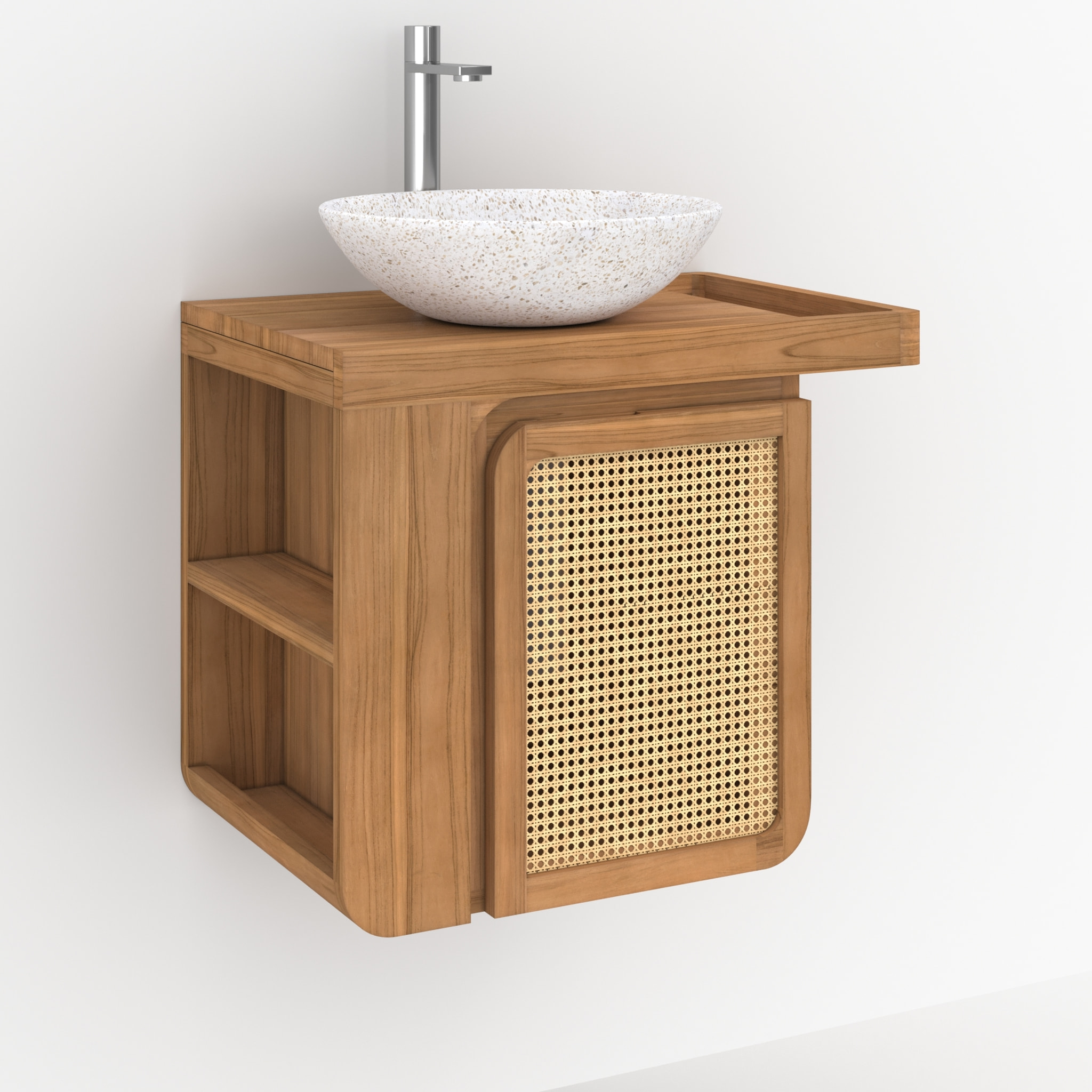 Meuble de salle de bain suspendu en bois de teck et cannage 57 cm - Dami