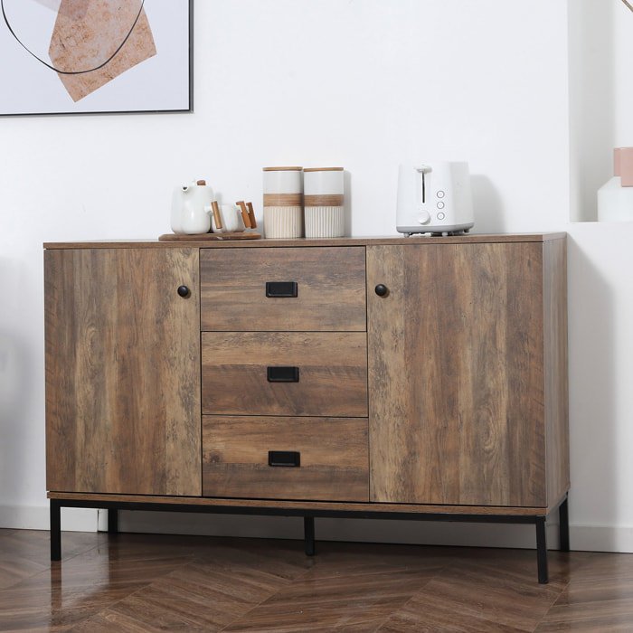 Buffet design industriel effet bois de manguier métal noir - 2 portes, 2 étagères, 3 tiroirs - 120 x 39,5 x 77 cm