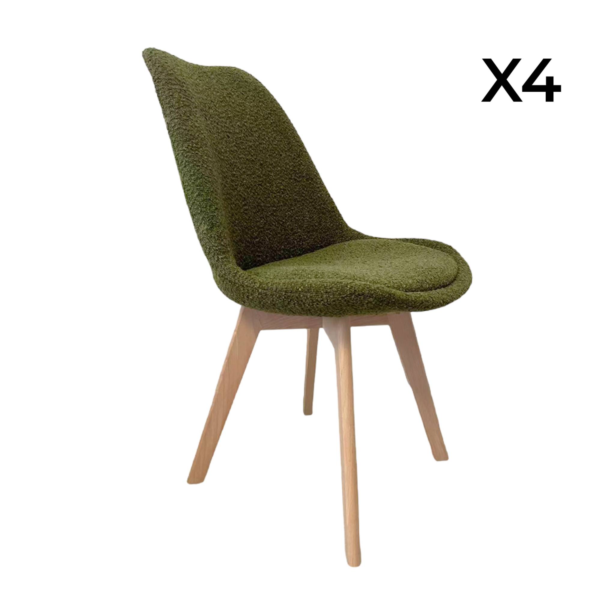 Lot de 4 chaises scandinaves revêtement bouclette texturée kaki. pieds bois de hêtre - Nils