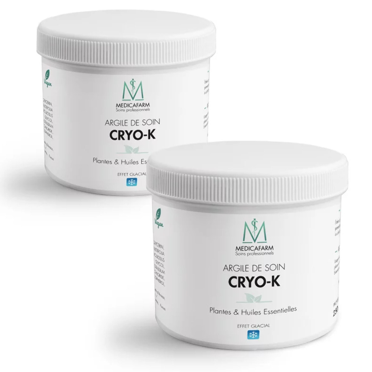 MEDICAFARM - Argile de soin CRYO-K - Aux plantes et huiles essentielles - Effet glacial - Aide à soulager les douleurs et améliorer confort circulatoire - Lot de 2 Pots de 250 g