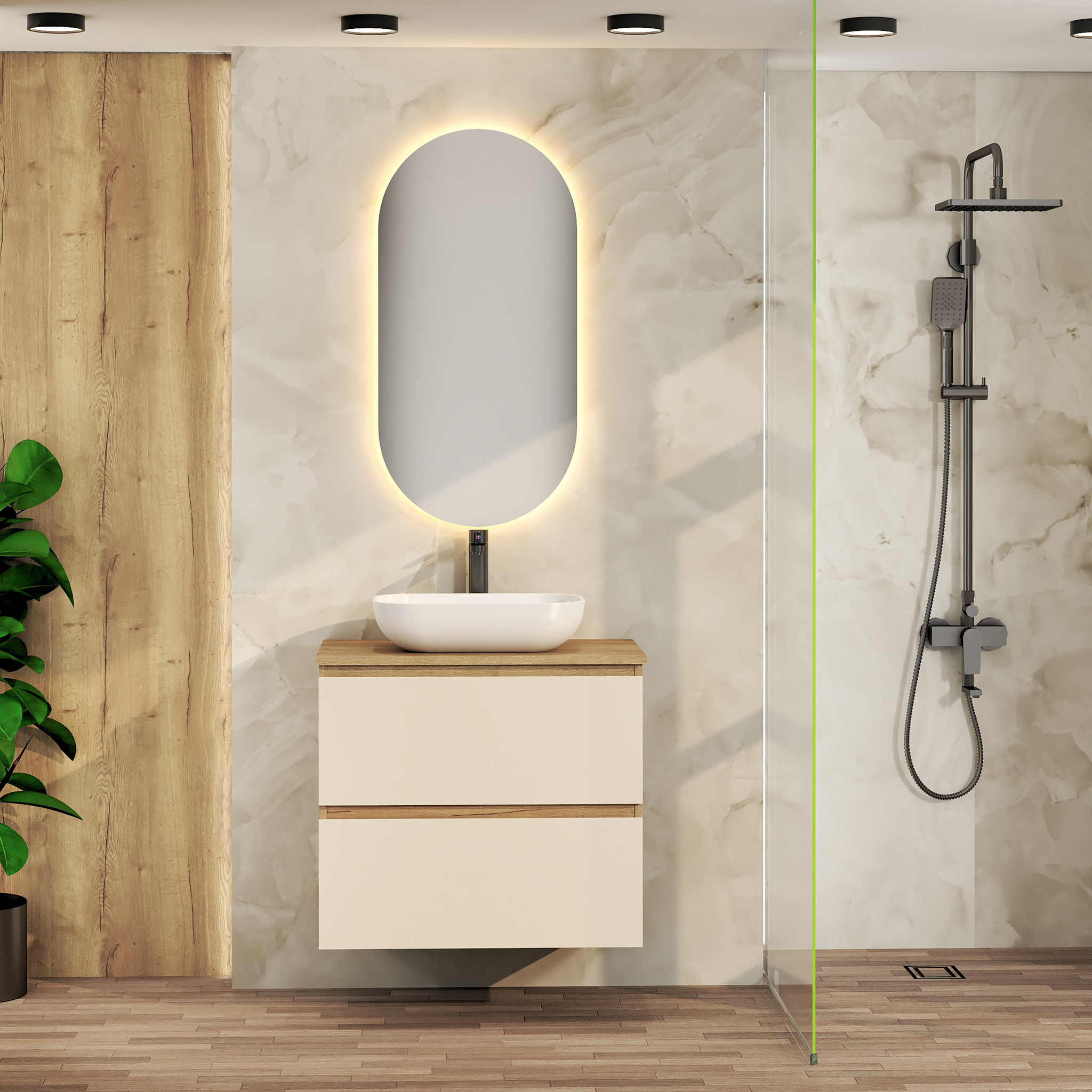 Conjunto de Baño Nia | Mueble Suspendido | 70 cm Glaciar | Dos Cajones | Lavabo Sobrepuesto | No incluye Espejo | Mueble Montado| Alday