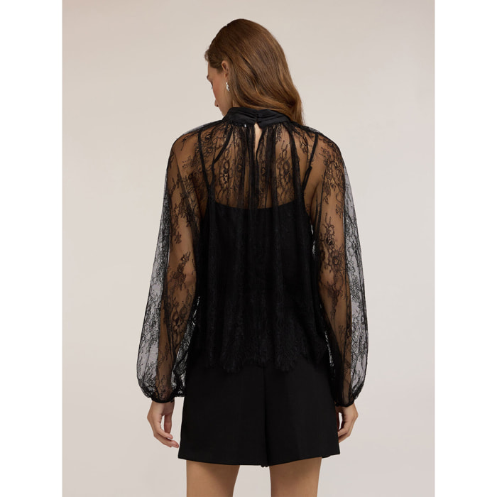 Motivi - Blusa de encaje con cuello alto - Negro