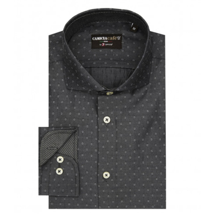 Camicia Uomo 1 Bottone Francese Slim Cotone Poliestere Jacquard Nero