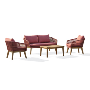 BAHIA - Salon bas de jardin 4 pl en bois d'acacia et corde tissée, terracotta