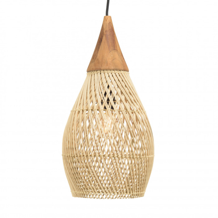 ALIDA - Suspension 'goutte' 25x25cm rotin couleur naturelle et teck