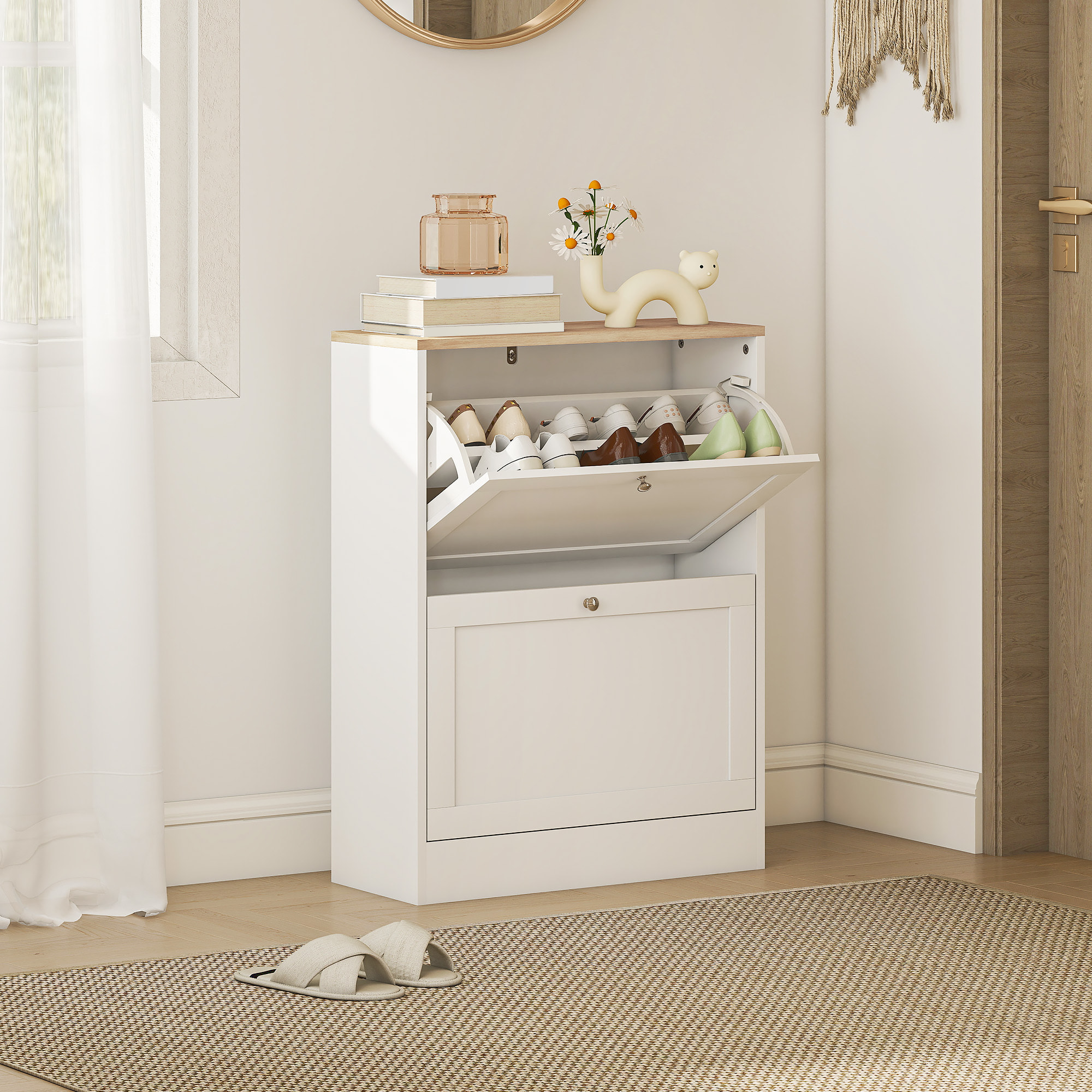 Zapatero Estrecho con 2 Puertas, Zapatero Entrada Recibidor con Estantes Ajustables, para 12 Pares de Zapatos, 60x23,5x80 cm, Blanco