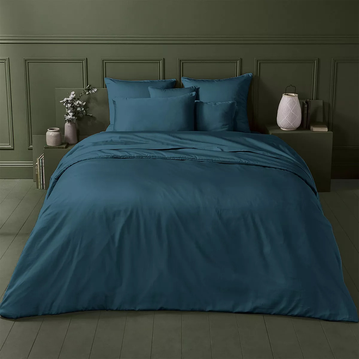 Housse de couette satin de coton uni bleu Ava uni bleu ardoise