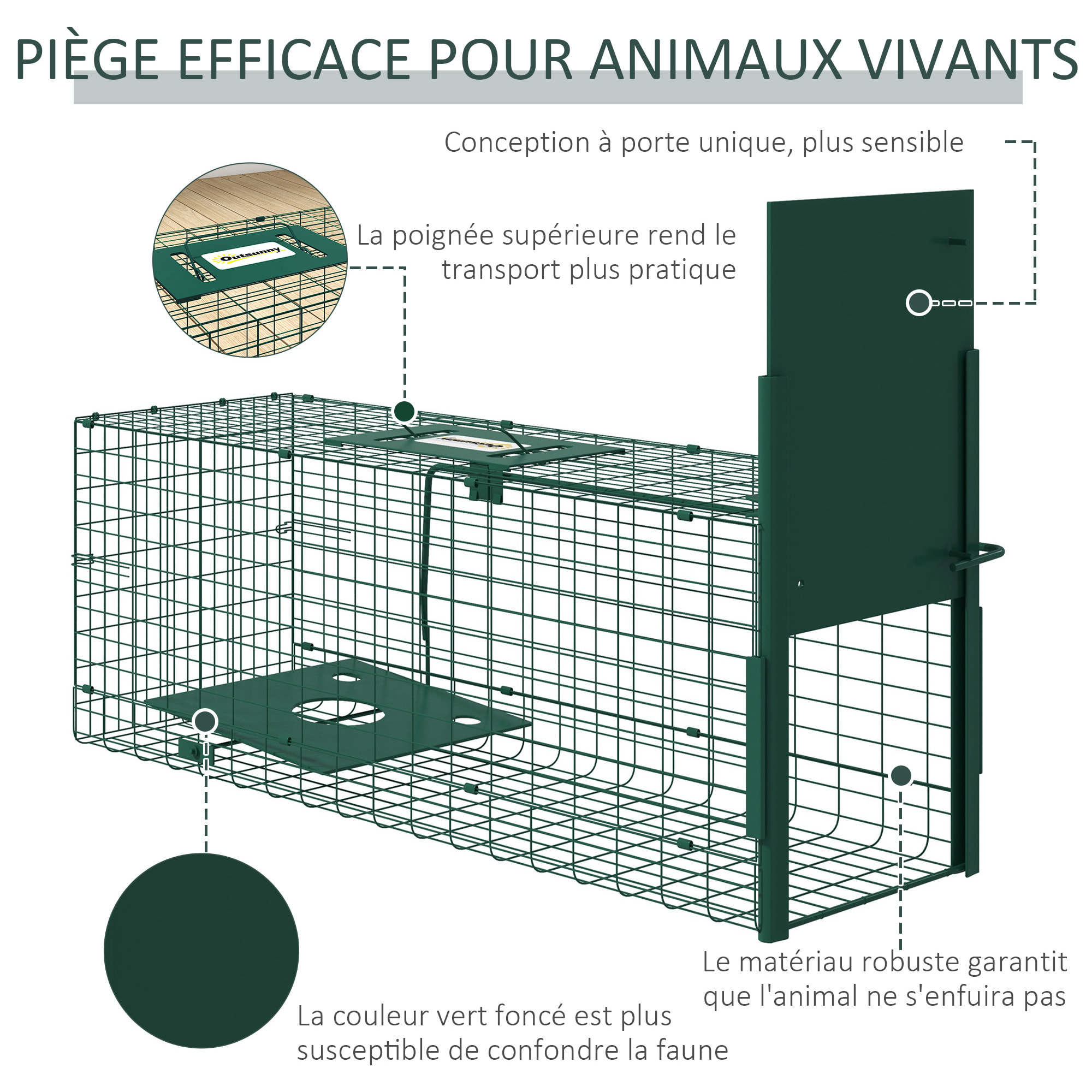 Piège de capture pour petits animaux type lapin rat - entrée, poignée - dim. 80L x 25l x 30H cm - acier vert