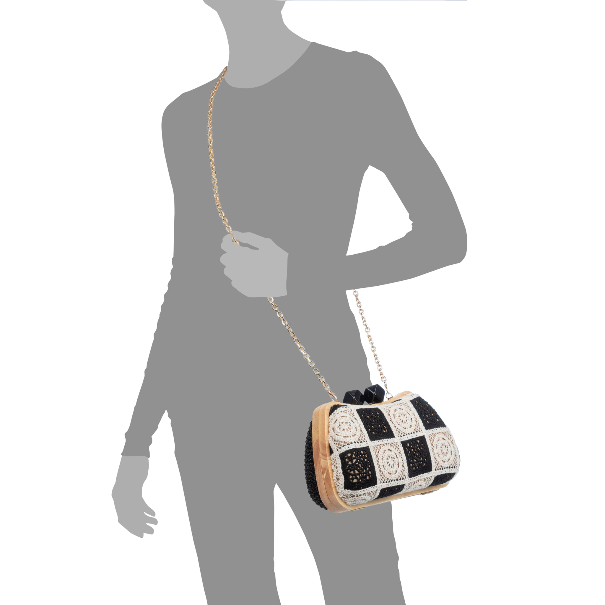 Bonamico Bolso bandolera Mujer. Fabricado en madera natural, algodón y paja trenzada.