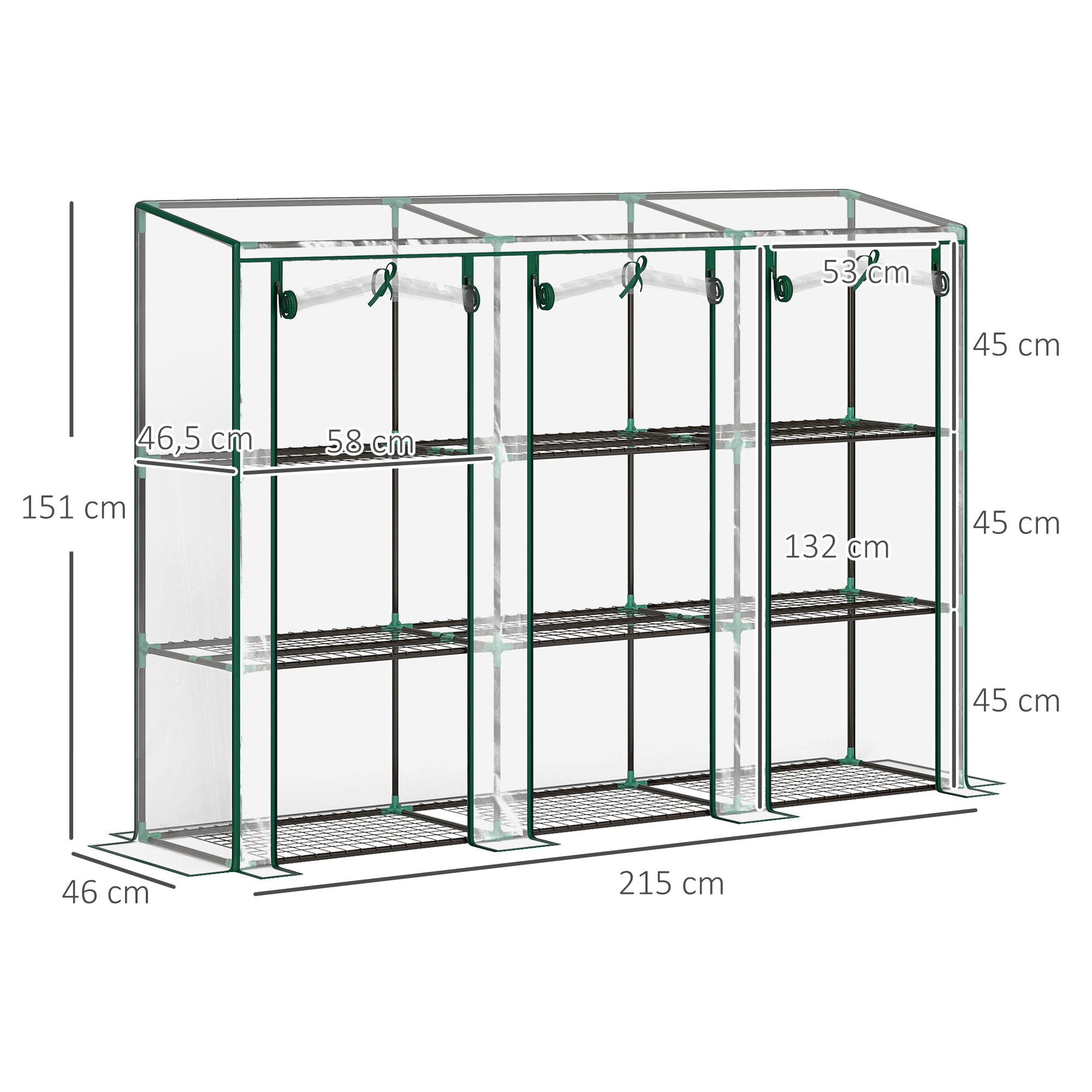 Serre de jardin balcon avec étagères métalliques 3 niveaux 3 portes acier noir PVC transparent
