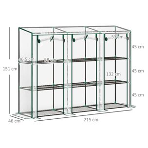 Serre de jardin balcon avec étagères métalliques 3 niveaux 3 portes acier noir PVC transparent