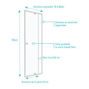 Porte de douche pivotante ajustable de 78 à 90cm en Alu. Blanc et verre transparent - WHITY PIVOT