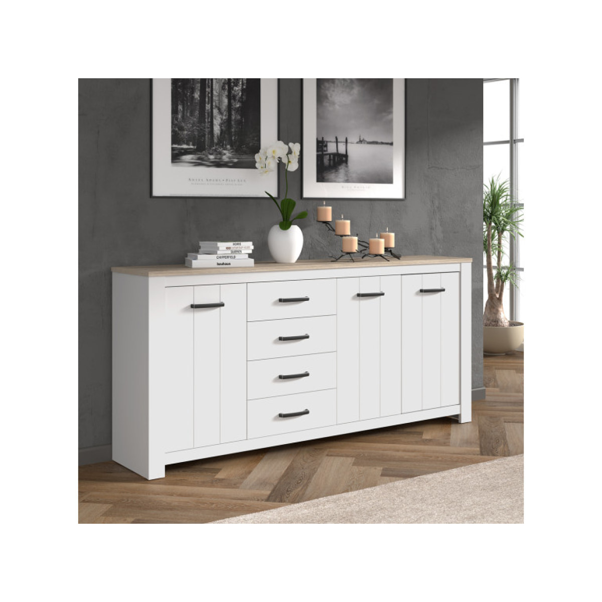 Buffet salle à manger blanc mat et décor bois L206cm - ENORA