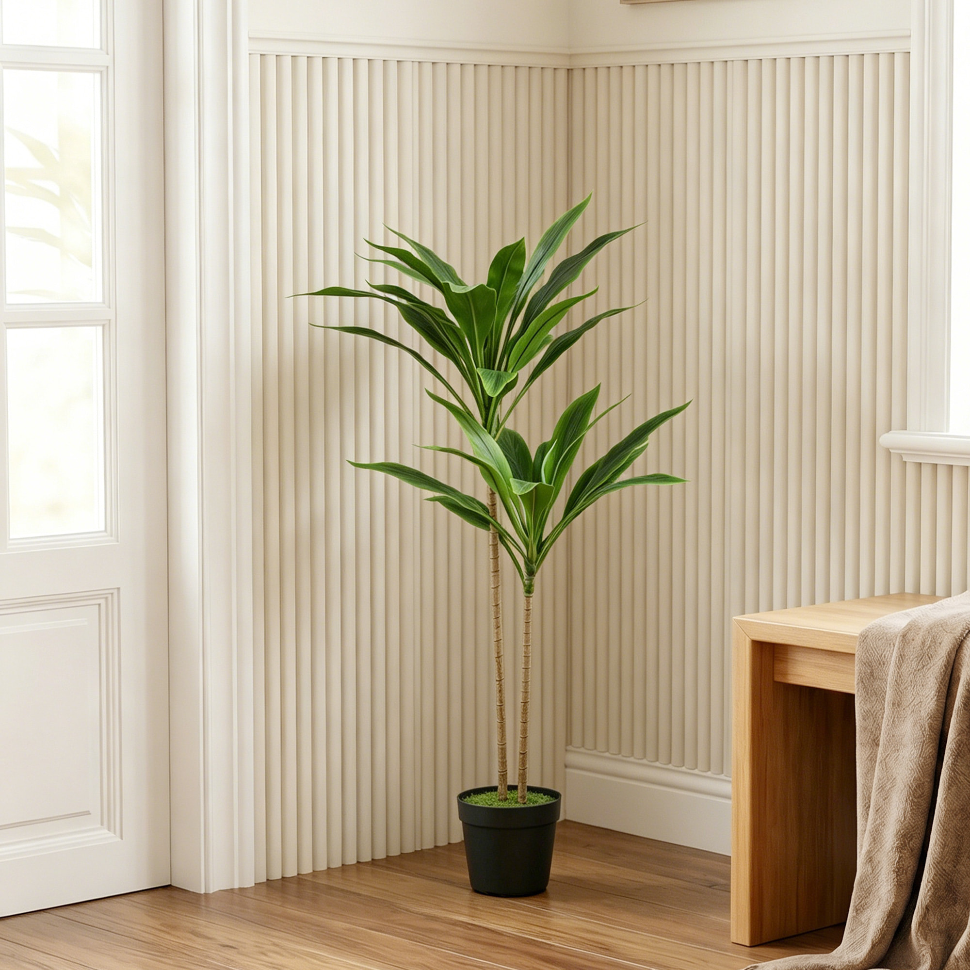 Plante artificielle cordyline H.90cm - grand réalisme - 29 feuilles - mousse effet lichen pots inclus