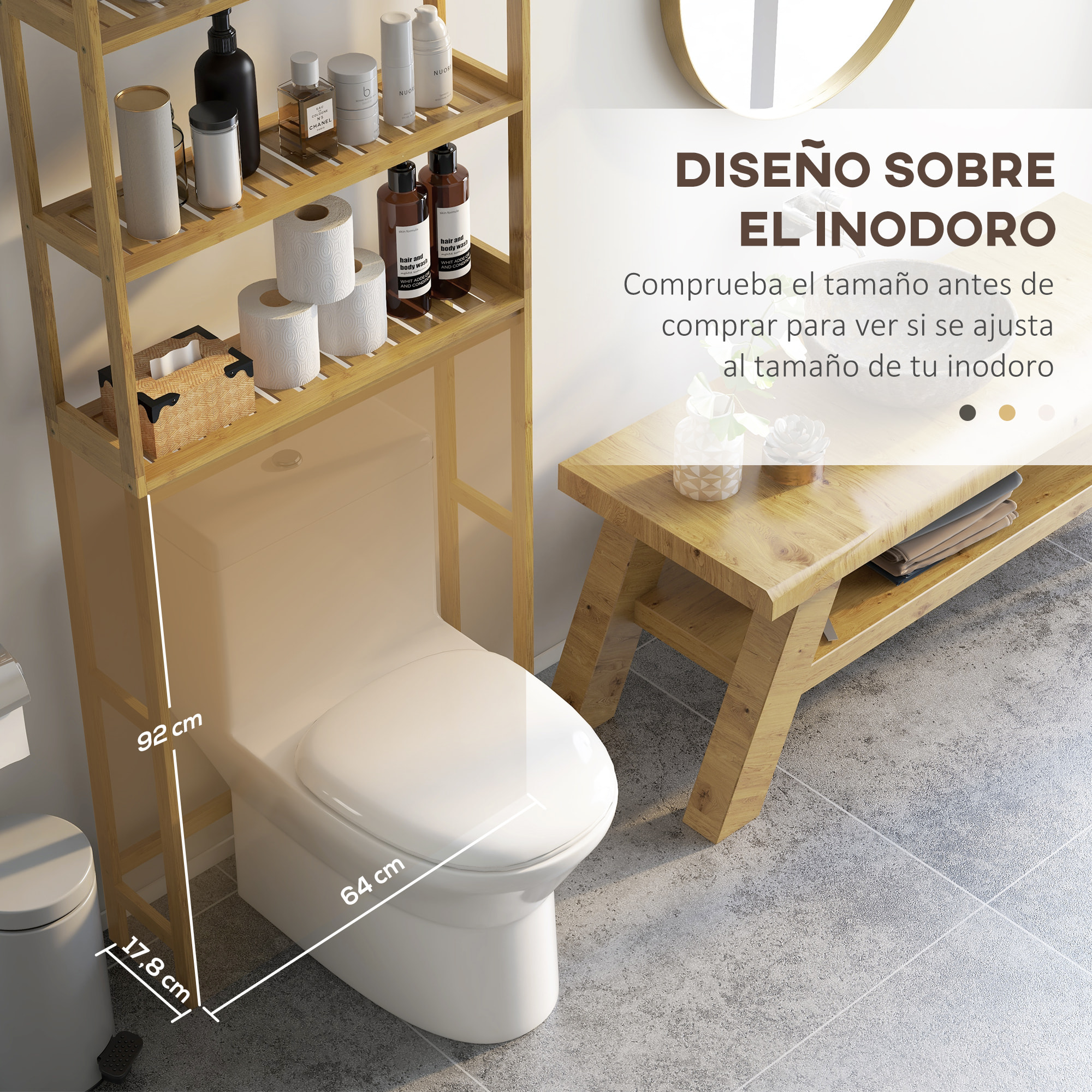 Estantería sobre Inodoro de Bambú Estantería de Baño con 3 Estantes y Alfombrillas Antideslizantes Antivuelco Estilo Moderno 68x20x165 cm Natural