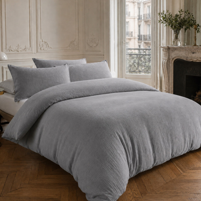 Parure housse de couette 100% gaze de coton unie gris charbon, RELAX
